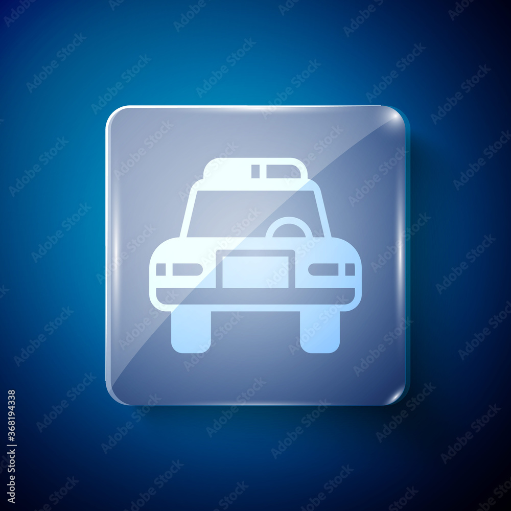 White Police car and police flasher icon isolated on blue background. Emergency flashing siren. Square glass panels. Vector.
