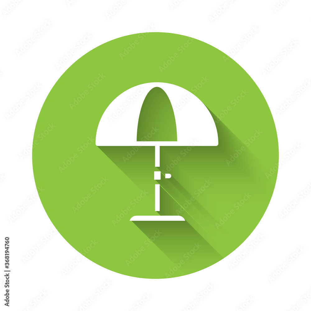 White Sun protective umbrella for beach icon isolated with long shadow. Large parasol for outdoor space. Beach umbrella. Green circle button. Vector.