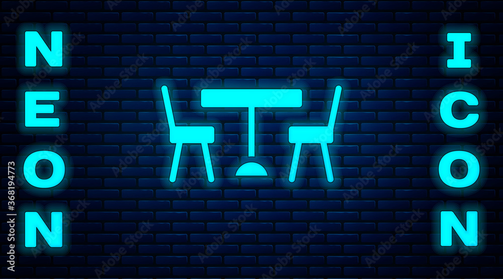 Glowing neon Picnic table with chairs on either side of the table icon isolated on brick wall background. Vector. Glowing neon Picnic table with chairs on either side of the table icon isolated on brick wall background. Vector.