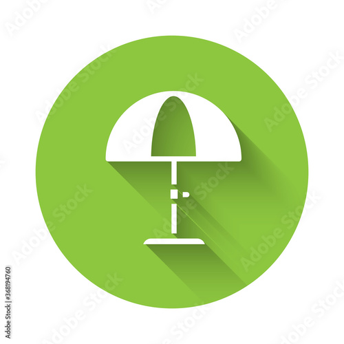 White Sun protective umbrella for beach icon isolated with long shadow. Large parasol for outdoor space. Beach umbrella. Green circle button. Vector.