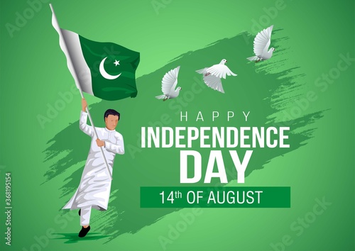 14th of august happy independence day pakistan. vector illustration of man running with flag. green background