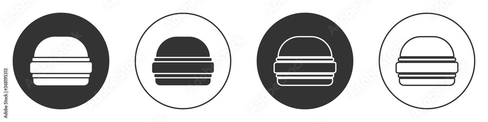 Obraz premium Black Burger icon isolated on white background. Hamburger icon. Cheeseburger sandwich sign. Fast food menu. Circle button. Vector.