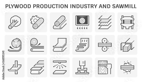 Plywood production industry and sawmill vector icon set design.