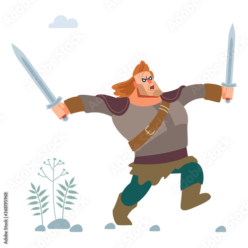 Viking. Warrior Of The North character. Medieval Viking in armor attacks with two swords. Vector isolated on white background. Flat style.