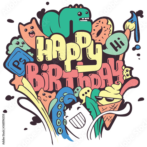Happy birthday banner. Funny doodles. Congratulation card. Cute colorful banner with monsters. 