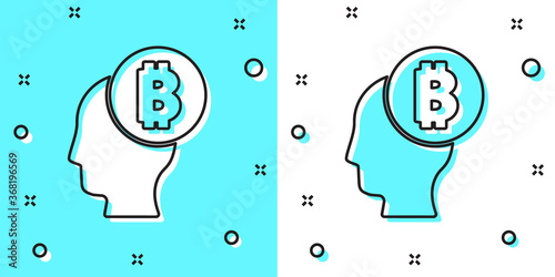 Black line Bitcoin think icon isolated on green and white background. Cryptocurrency head. Blockchain technology, digital money market, cryptocoin wallet. Random dynamic shapes. Vector.