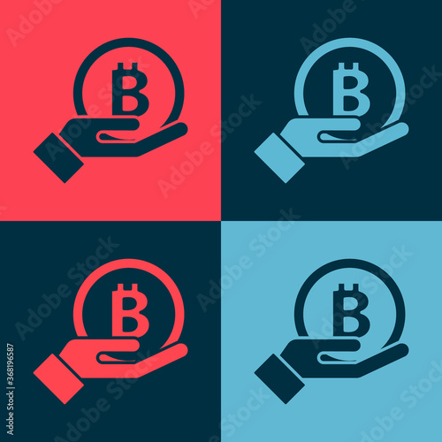 Pop art Hand holding Bitcoin icon isolated on color background. Blockchain technology, digital money market, cryptocoin wallet. Vector.