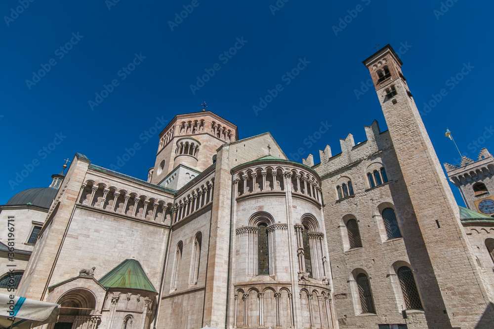 View of romanesque Trento Cathedral or Cathedral of San Vigilio in Trento, Trentino, Italy