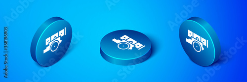 Isometric Cannon icon isolated on blue background. Blue circle button. Vector.