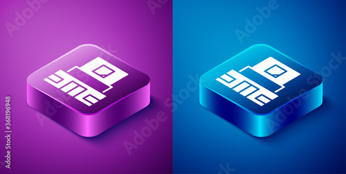 Isometric Mausoleum of Lenin icon isolated on blue and purple background. Russia architecture landmarks, sightseeing places. Royal Citadel at Red Square, Moscow. Square button. Vector.
