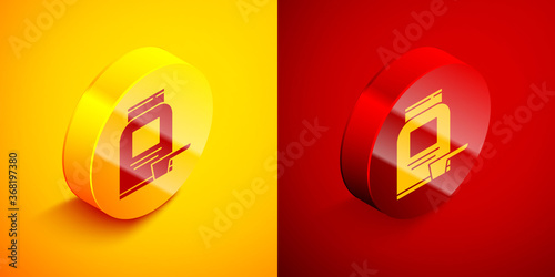 Isometric Sports nutrition bodybuilding proteine power drink and food icon isolated on orange and red background. Circle button. Vector.