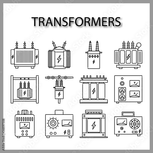 High voltage electrical transformer and Power supply icon set isolated on white background for web design