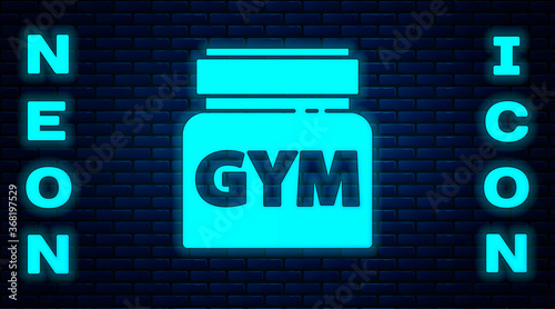 Glowing neon Sports nutrition bodybuilding proteine power drink and food icon isolated on brick wall background. Vector.