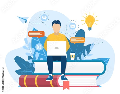 man sitting on pile of books. Concept illustration of online courses, distance studying, self education, digital library. E-learning banner. Online education. Vector illustration in flat style