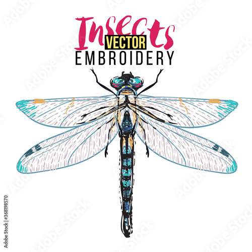 Stylish greeting card with beautiful dragonfly. Embroidery fashion patch with insects illustration. Trendy traditional art on white background.