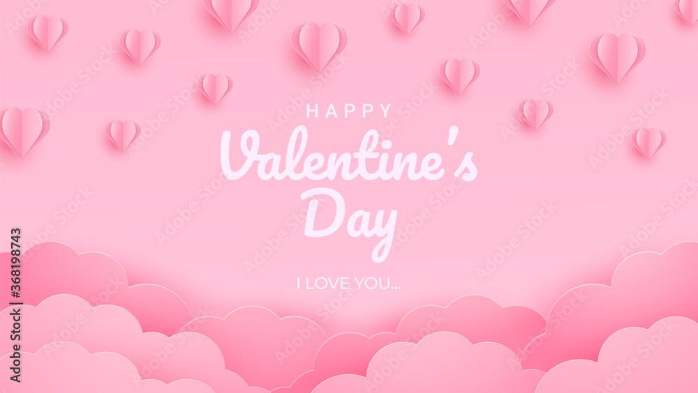 Happy valentines day greeting background in papercut realistic style. Paper clouds, flying realistic heart on string. Pink banner party invitation template. Calligraphy words text sign on copy space.