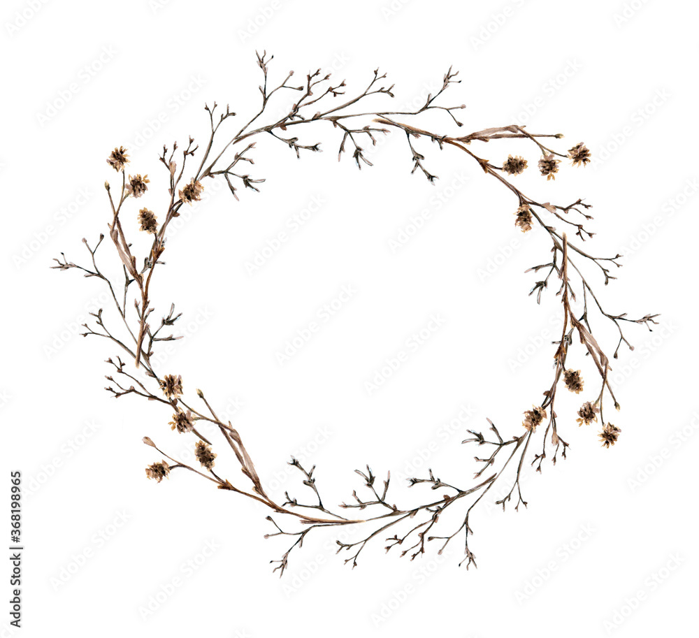 wreath with watercolor brown twigs of lime tree and  alder tree on white bachground