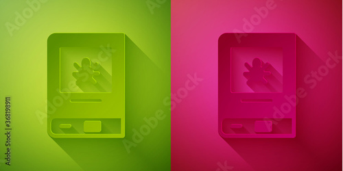 Paper cut Book about insect icon isolated on green and pink background. Paper art style. Vector.