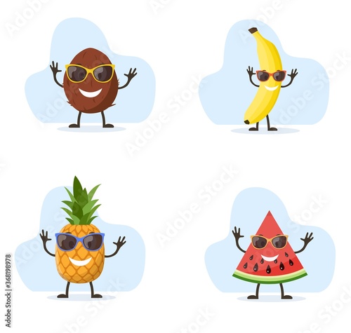 Cute and funny pineapple  watermelon  Coconut  banana character with sunglasses. Colorful summer design. Vector illustration in flat style