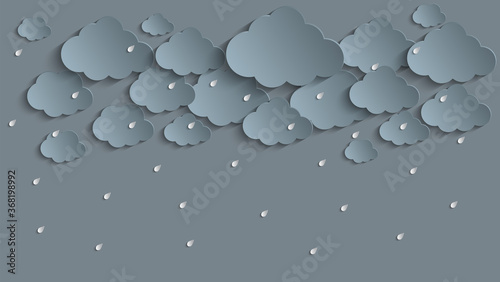 Rain thunder lightning and clouds in the paper cut style. Vector storm weather concept with falling water drops from the cloudy sky. Storm papercut background horizontal banner.