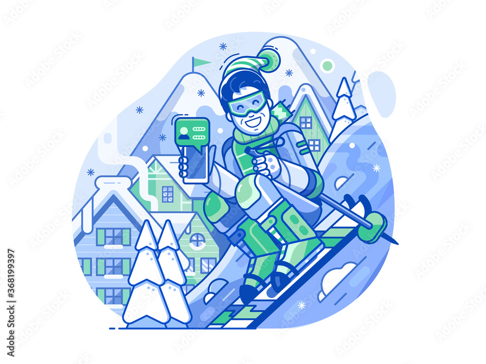 Cheerful Skier Man with Smart Phone on Slope