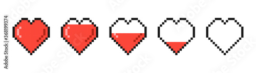 Pixel game life bar. Color icons in the 8 bit style. Colorful pixel graphic symbols group collection. Vector illustration.