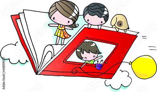 vector cartoon kids flying with book