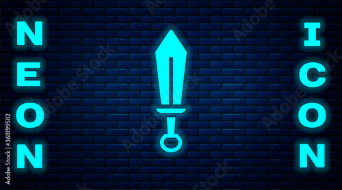 Glowing neon Sword toy icon isolated on brick wall background. Vector.