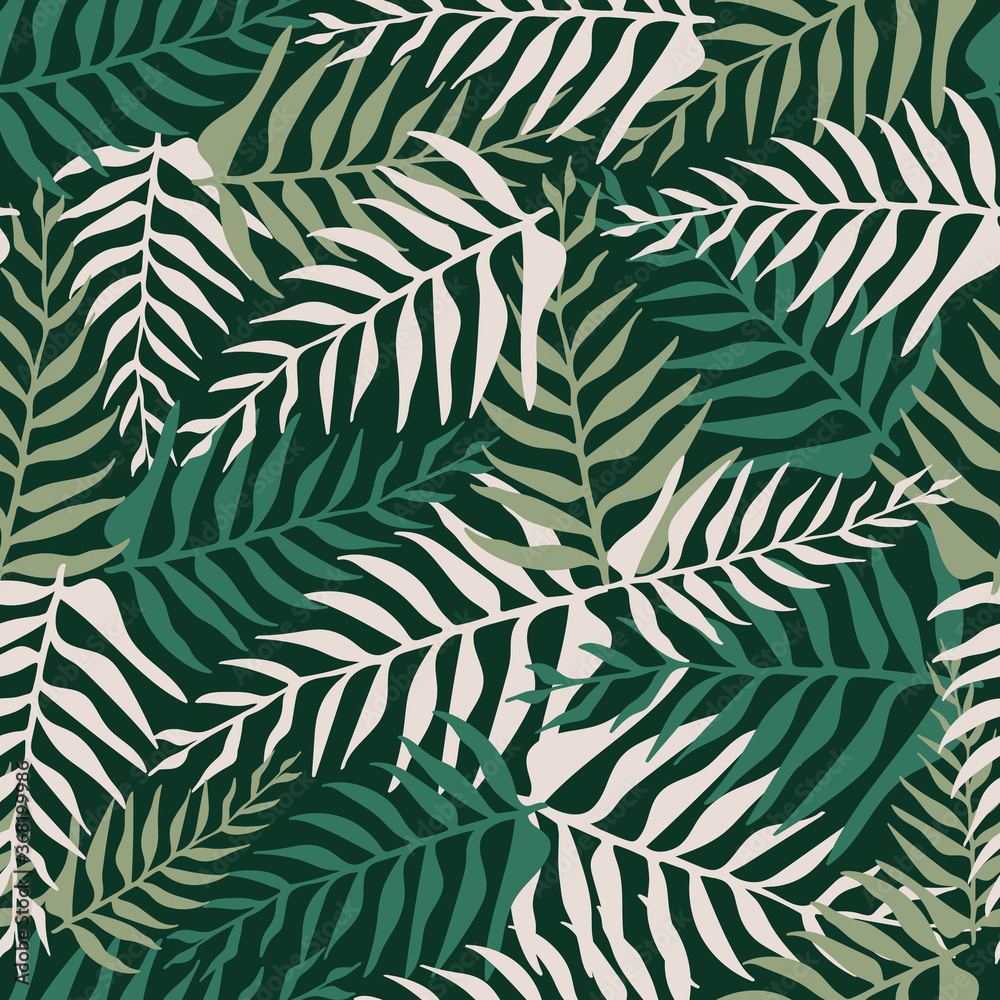 Tropical palm leaves, botanical motifs on a seamless pattern. Vector print