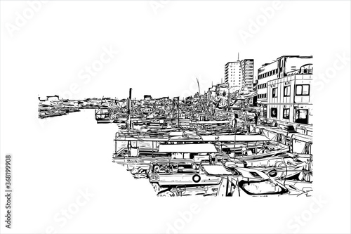 Building view with landmark of Akashi is a city on Japan’s Seto Inland Sea. Hand drawn sketch illustration in vector.
