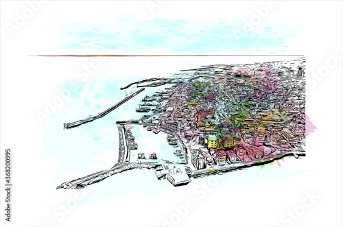 Building view with landmark of Akashi is a city on Japan’s Seto Inland Sea. Watercolor splash with hand drawn sketch illustration in vector.