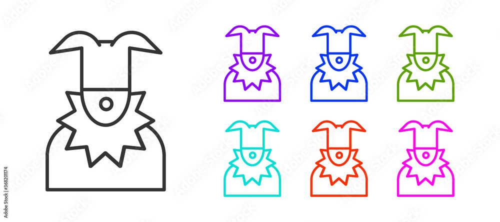 Fototapeta premium Black line Joker head icon isolated on white background. Jester sign. Set icons colorful. Vector.