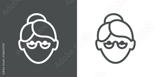 Icono plano cabeza de mujer mayor con peinado con moño y gafas en fondo gris y fondo blanco