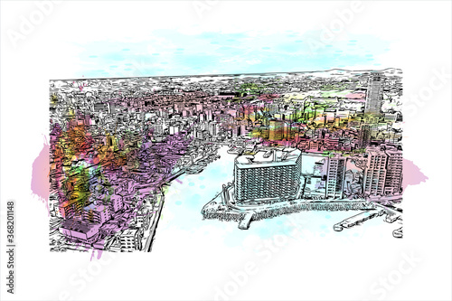 Building view with landmark of Akashi is a city on Japan’s Seto Inland Sea. Watercolor splash with hand drawn sketch illustration in vector. photo