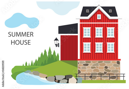 Red classic old typical Swedish house in the forest. Vector illustration. Flat design typical buildings European old houses. Cute design for textile, wallpaper, background. 