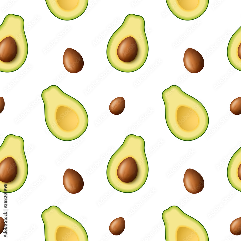 Seamless pattern of realistic green avocado for healthy eating. 3d render. Sliced avocado in half with pip. Raster illustration on white background. Seamless pattern of realistic green avocado for healthy eating. 3d render. Sliced avocado in half with pip. Raster illustration on white background.