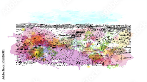 Building view with landmark of Akashi is a city on Japan’s Seto Inland Sea. Watercolor splash with hand drawn sketch illustration in vector.