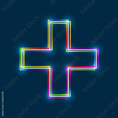 Multi-colored multi-layered line plus sign, cross icon with glowing light effect on a blue background. EPS10 vector file