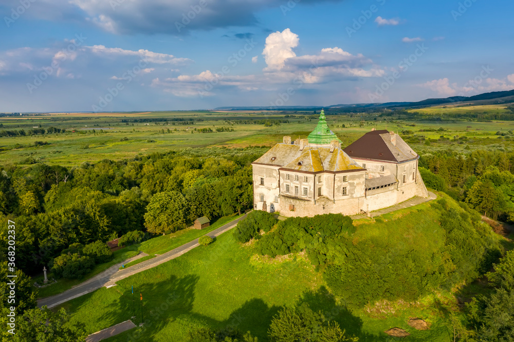 Naklejka premium Beautiful old Olesko castle in Ukraine aerial view.
