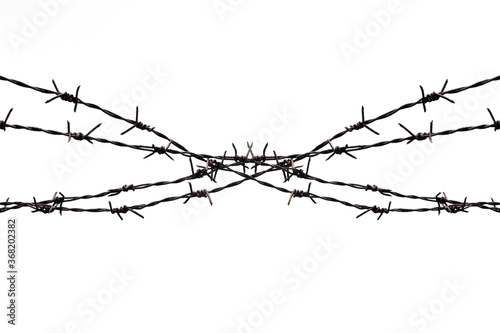 Rusty barbed wire splits on a white background.