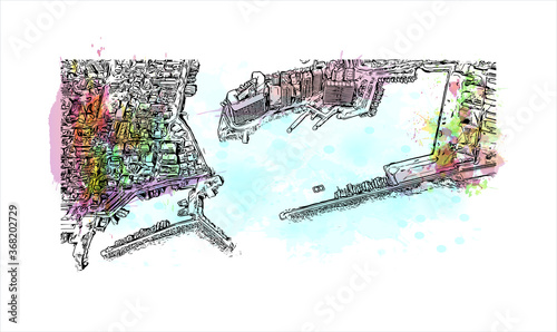 Building view with landmark of Akashi is a city on Japan’s Seto Inland Sea. Watercolor splash with hand drawn sketch illustration in vector.