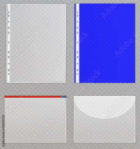 Vector transparent plastic files. Cellophane folders to protect documents