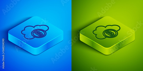Isometric line Cryptocurrency cloud mining icon isolated on blue and green background. Blockchain technology, bitcoin, digital money market, cryptocoin wallet. Square button. Vector.
