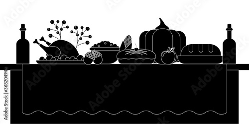 Vector illustration of a big banquet table with drinks and eating fruit. Festive holiday dinner. Christmas table. Flat style. Table for Thanksgiving Day.