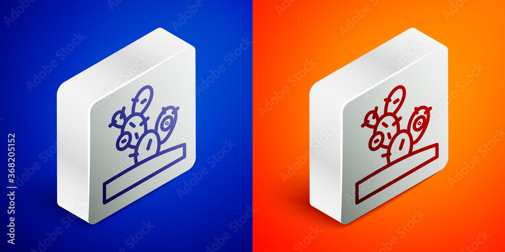 Isometric line Cactus icon isolated on blue and orange background. Silver square button. Vector. Isometric line Cactus icon isolated on blue and orange background. Silver square button. Vector.