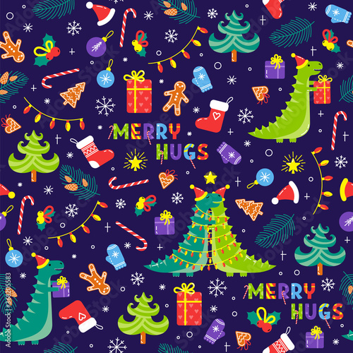 Fototapeta Naklejka Na Ścianę i Meble -  Christmas dinosaurs carry gifts to each other and hug. Cute seamless Christmas pattern for textiles and wrapping paper.