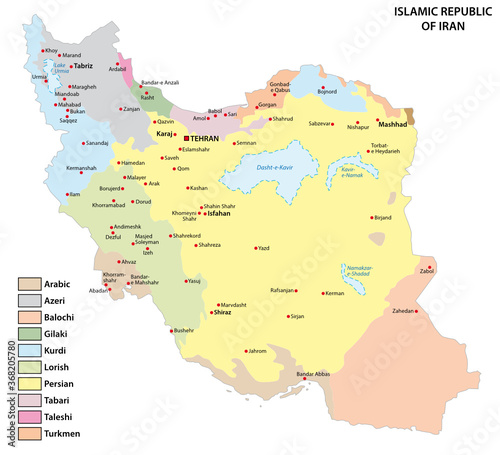vector map with the distribution of the main language areas of Iran