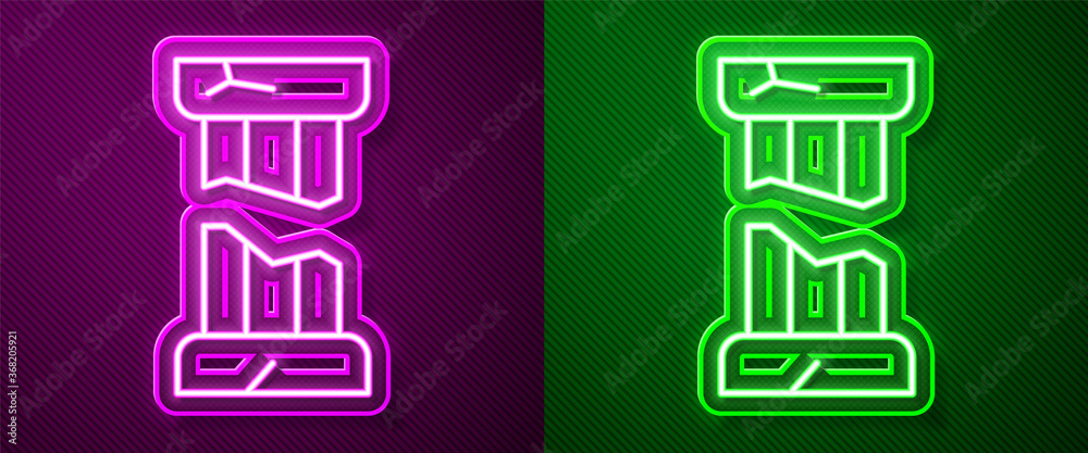 Glowing neon line Broken ancient column icon isolated on purple and green background. Vector. Glowing neon line Broken ancient column icon isolated on purple and green background. Vector.