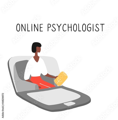 Online psychotherapy practice. Remote psychological help, psychiatrist consulting patient. Mental health care and treatment. Hand drawn vector illustration