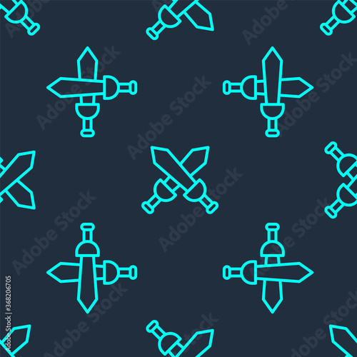 Green line Crossed medieval sword icon isolated seamless pattern on blue background. Medieval weapon. Vector.